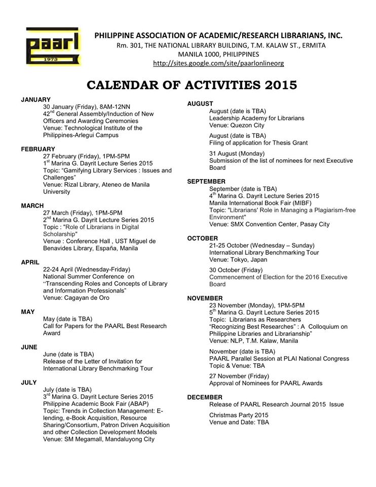 2015 Calendar of Activities