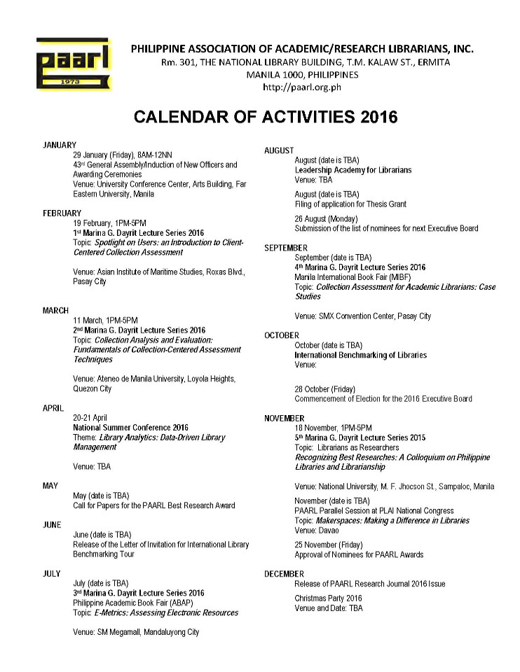 2016 Calendar of Activities