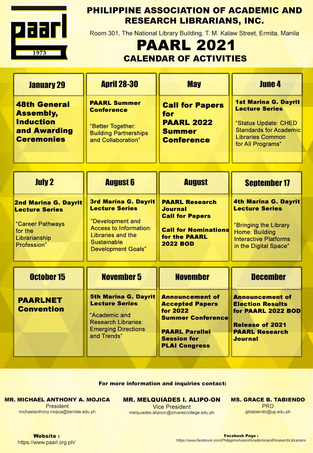 2021 Calendar of Activities